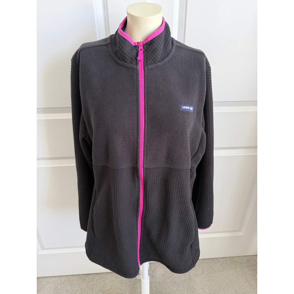 Lands End Womens XXL Full-Zip Grid Fleece Jacket Black/Pink